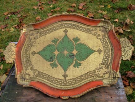 Italian Mid Century Hollywood Regency Florentine Serving Tray Orange Green Gold