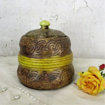 Antique Tobacco Jar Humidor Ceramic Pottery Majolica Brown Yellow