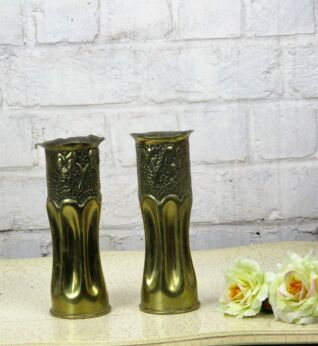 Small Pair of Shell Casing trench Art Vases Engraved Brass Ornate WWI French