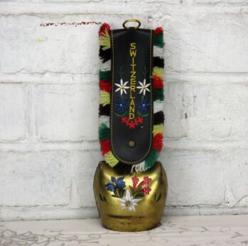 Vintage Authentic Swiss Cowbell Disentis Rustic Bell Strap Embroidered Flowers