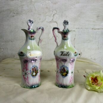 French Vintage Antique Porcelain Bisque Oil and Vinegar Bottles Victorian scenes