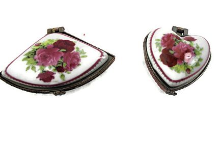 Pair Couple Romantic Pill jewelry Trinket Boxes Hinged Lovely Marked Crown over J Flowers