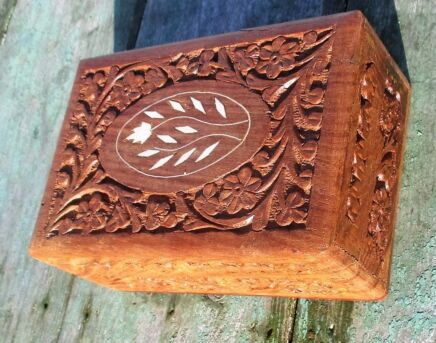 Vintage Carved Wood Inlay Jewelry Trinket Tobacco Box Hand Carved