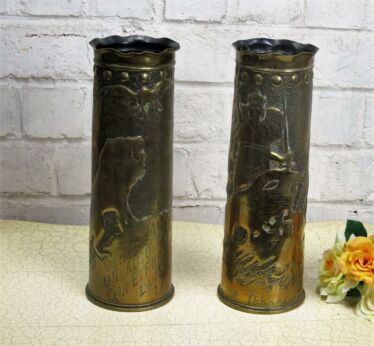 Couple Pair of Shell Casing trench Art Vases Lion Eagle Woman Conquers French