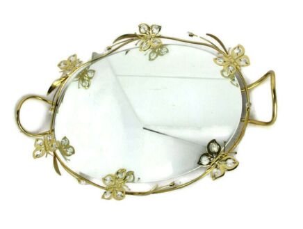 Oval Mirrored Glass Serving Tray  Handles Butterflies Vintage Lovely