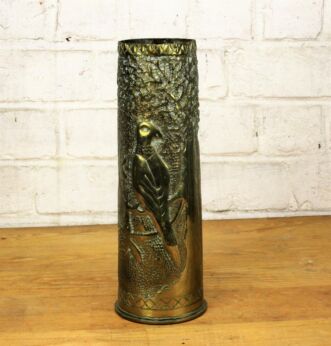 Shell Casing trench Art Vase Engraved Brass Ornate WWI French Bird Lovely