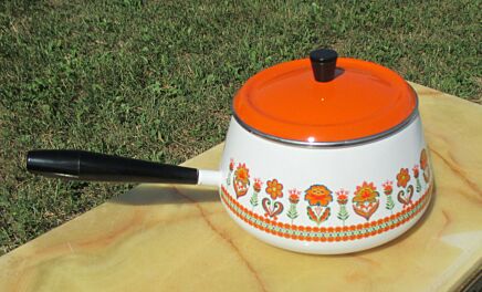 Vintage Scandinavian style Fondue Steel pan Oil pan Orange pattern Lovely