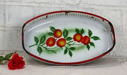 Vintage French Oval Fruit Dish Tin Enamel Rustic Home Decor Tableware Prunes