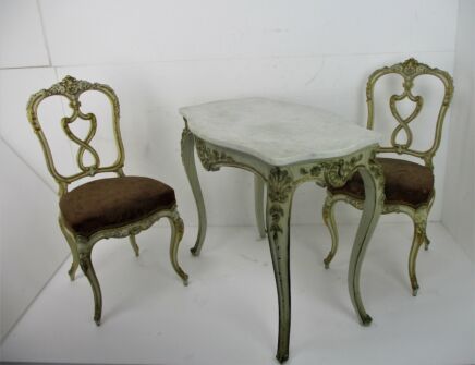 Antique set 19th Century Two Chairs Table Marble Top French Provincial Ornate