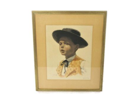 Lovely Water Painting Aquarel Pedro Mexican Boy Signed Framed Lovely