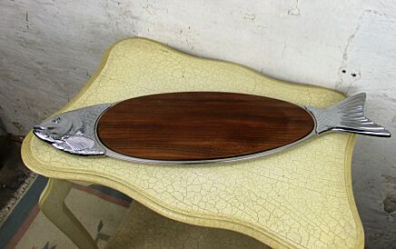 Fish Plate Dish Teak Cutting Board Stainless Steel Cromargan WMF Germany HTF