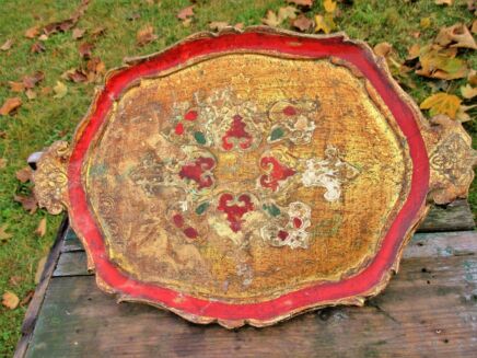 Italian Mid Century Hollywood Regency Florentine Serving Tray Red Gold Gilt Wood