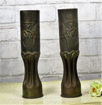 Couple Pair of Shell Casing trench Art Vases Nude Warrior Women Horse WWI French