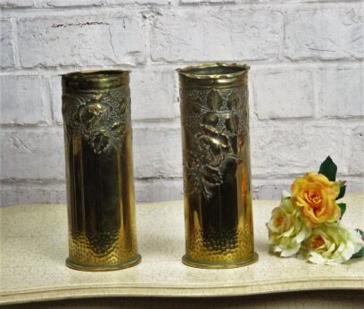 Small Pair of Shell Casing trench Art Vases Engraved Brass Flowers WWI French