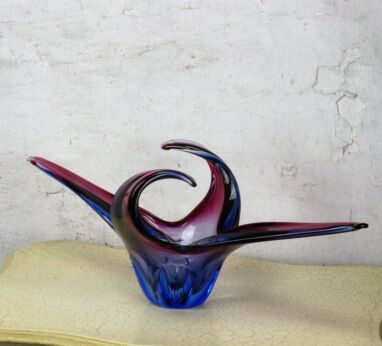 Italian Cranberry Blue Bowl Dish Centerpiece era Murano Seguso Art Glass