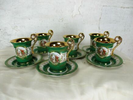 Set of 6 cups and Saucers Bremer & Schmidt Victorian Scene Green Gold Germany