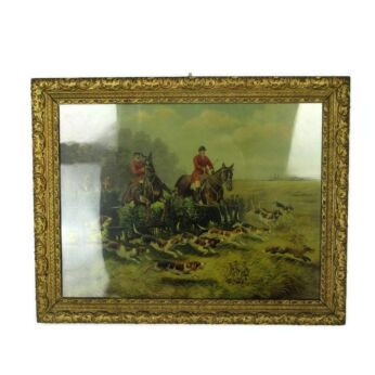 Antique Gorgeous Lithograph Hound Fox Dogs Hunt Ornate Frame Wood Plaster