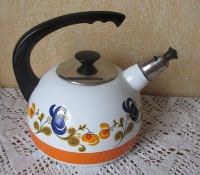 Retro Vintage Tea kettle Enamel Funky colors Enamelware