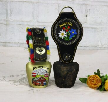 Couple Two Vintage Authentic Austrian Cowbells Rustic Bell Strap Embroidery