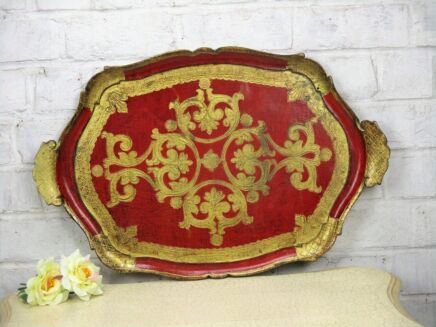 Large Italian Mid Century Hollywood Regency Florentine Serving Tray Red Gold