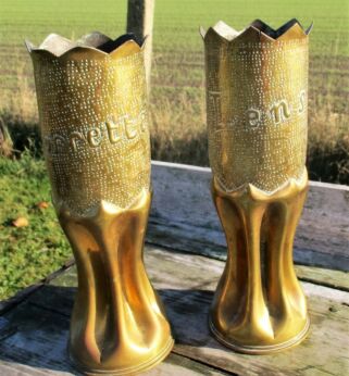 Pair of Shell Casing trench Art Vases Engraved Brass Ornate WWI French Roses