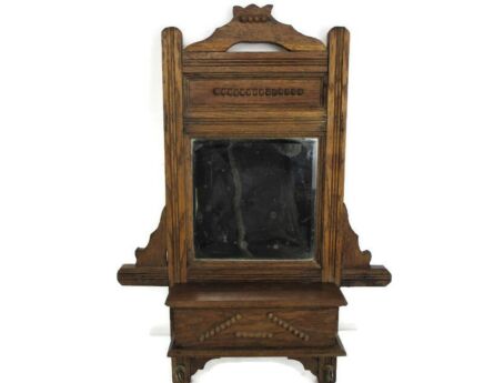 Vintage Hand Carved Wood Kitchen Apothecary Wall Cabinet Beveled Glass Mirror Comb Cabinet Hobnails