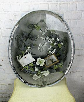 French Antique Victorian Mourning Box with Wreath 1800 Memorial Zinc Immortelle