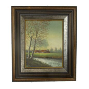 Small Lovely Oil Painting on Canvas Framed Landscape Polder Signed R. Cluys