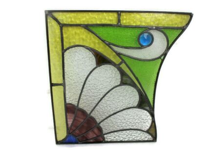 Antique Stained Leaded Glass Art Panel Polychrome Reclaimed Peacock Tail