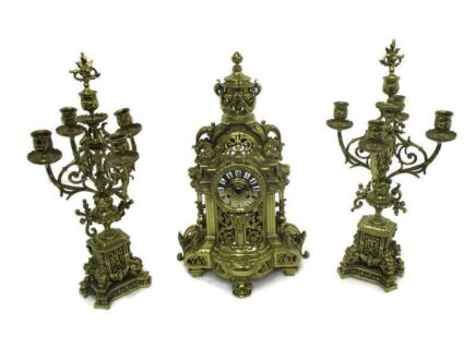 3 Piece Garniture Mantle Set 5 arm Candelabras Clock Set Working Ornate Antique