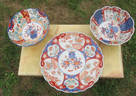 Antique set of 3 Imari Bowls Dishes Plate Japanese porcelain