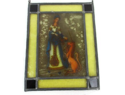 Vintage Stained Leaded Glass Art Panel Window Hanging Lady and Unicorn Signed H. van Doorne Belgium