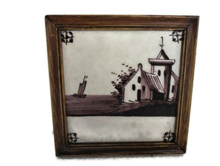 1800 Antique Delft Tile Dutch Decorative Manganese Sepia Church Seaside Framed