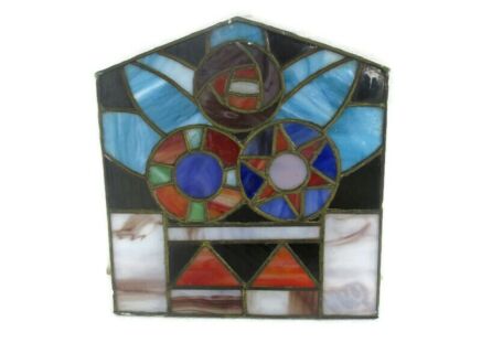 Antique Stained Leaded Glass Art Panel Polychrome Reclaimed Abstract Star Patchwork style