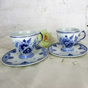 2 cups and Saucers Blue White Vintage Delft Hand painted Lovely