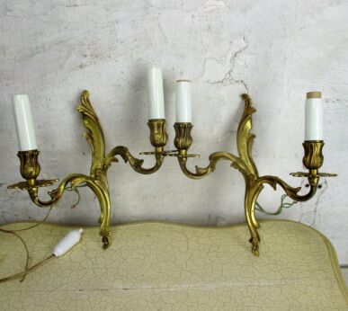 Pair Couple Vintage Ornate Brass Bronze Two-Arm Double Wall Sconces Sleeves