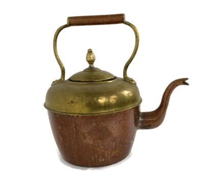 Antique Copper & Brass Tea Kettle, Extremely Rare,  Two toned Wooden handle 