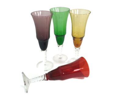 Vintage Multi Colored Clear Twisted Stem Wine Glasses Set of 4, 4
