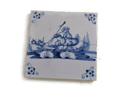  1800 Antique Delft Tile Dutch Decorative Candelabrum Fisherman hunter Blue White HTF