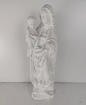 White painted plaster statue Virgin Mary infant Jesus Vintage Madonna holding scepter