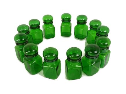 Apothecary bottles, pharmacy bottles with bubble stopper, Set of 13 emerald green apothecary stop bottles, mid century design,Belgium