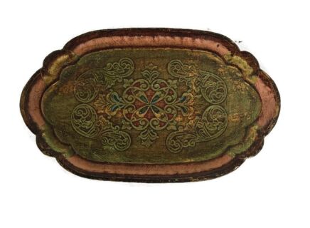 Mid Century Italian Hollywood Regency Florentine Serving Tray wood green pink oval