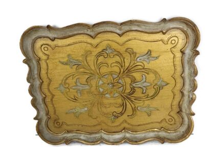 Large Mid Century Italian Hollywood Regency Florentine Serving Tray Resin Gold White