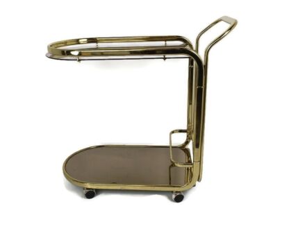 Bar Cocktail Tea Cart Trolley Hollywood Regency Kitchen Island Brass Smoked Glass 70s