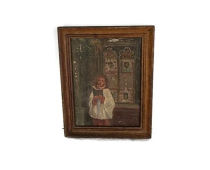 Small Miniature Painting On Canvas antique Choir Boy in Church Gorgeous 1800s