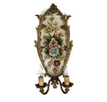 Double Wall Sconce Heavy brass, Porcelain 3D flowers antique Italy Gorgeous