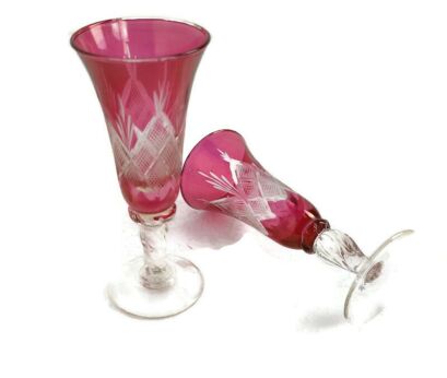 Two Antique Glasses Bohemian hand blown glass, cut to clear etched Cranberry Clear twisted stem