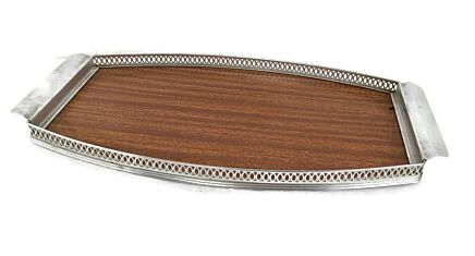 Oval Italian Italy Wood Veneer Serving Tray Wood Chrome Handles Vintage Mid Century Modern