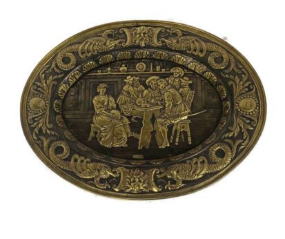 Large Hammered Brass  Wall Plate Decorative Brueghel Scene Bacchus Gothic Oval Dinant