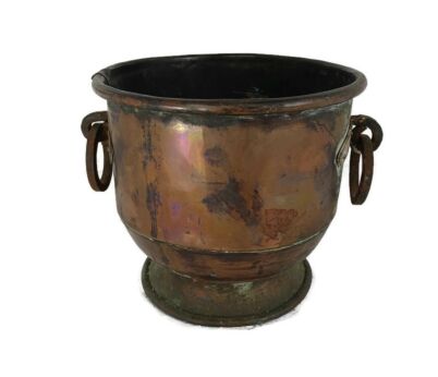 Antique large Kettle Flower Pot Planter Handles Iron Trims Large Copper Rustic Barn Style